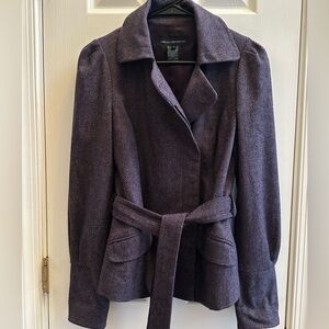 French Connection Purple Wool-Blend Belted Womens Peacoat Jacket Puff Sleeve 8